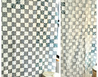 Fab Vintage 1950s Patchwork QUILT TOP, menswear prints plaids foulards, teal blue brown white, cottons {78" wide x 88" long}