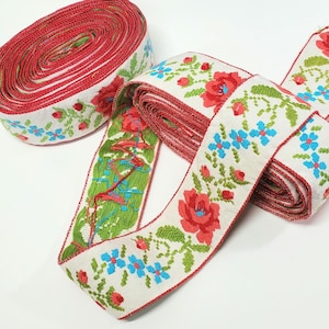 Fita Jacquard Rose Garland 100% algodão de 1 3/4" de largura com coral, vermelho, turquesa e verde-limão sobre branco (escolha entre dois tamanhos)