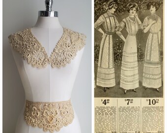 Set of Antique 1880s Embroidered Bobbin Lace Collar & Waist Piece, cream lace for your dress, blouse, bridal, reenactors costume