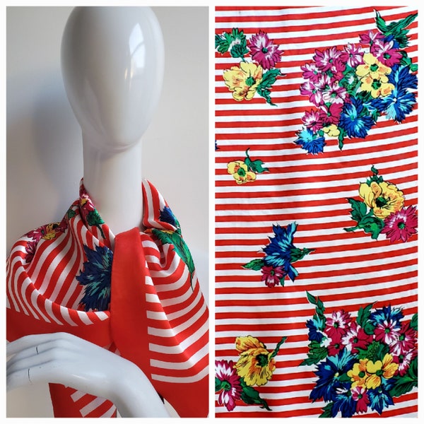 Vintage 1950s Red & White Striped SCARF with flowers in pink yellow blue green black on white, printed satin, Made in Japan {31" x 35"}