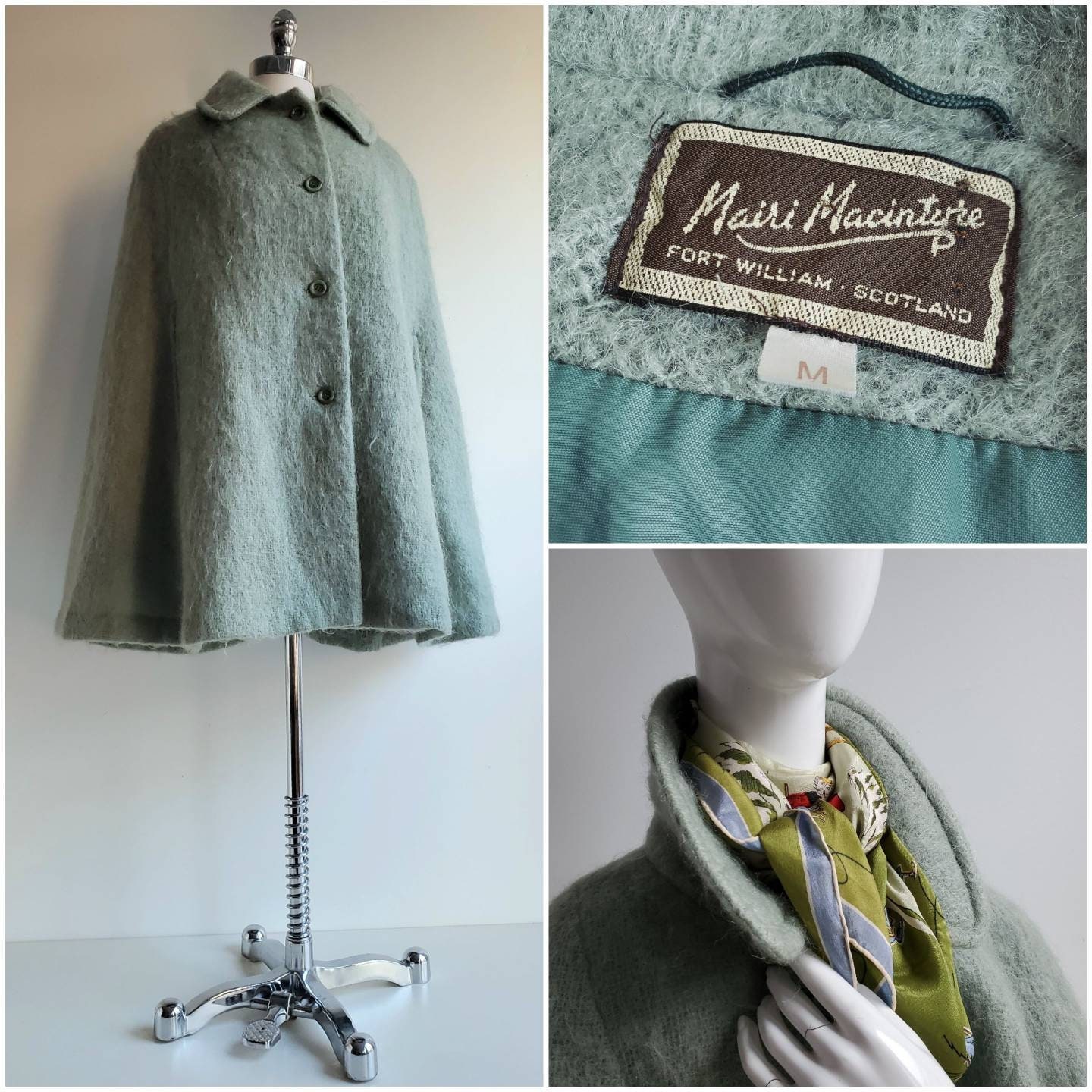 Vintage Scarf Styles -1920s to 1980s Superb Vintage Mohair Cape in Silvery Sage Green, Swing Poncho With Collar, Fully Lined By Mairi Macintyre Size M - L $125.00 AT vintagedancer.com