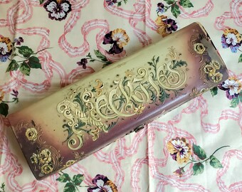 Antique Celluloid NECKTIES BOX with brass hardware, Victorian menswear storage, bureau decor {13 5/8" x  4 1/2" x 3"}