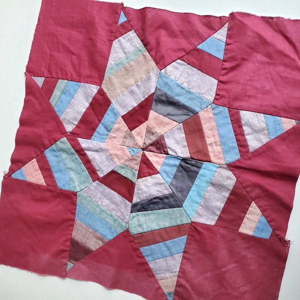 Vintage Lemoyne Star QUILT BLOCK, strip patchwork with chambrays workwear cottons {15.5" sq}