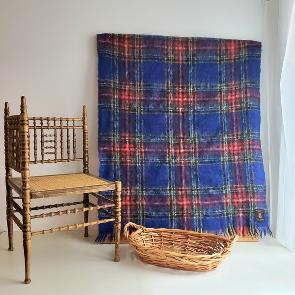 Vintage Royal Blue Mohair Plaid Throw or Shawl, Made in Scotland by Tweedvale, MacBeth tartan {40" x 52"}