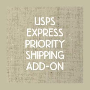 May include: A beige background with the white text "USPS EXPRESS PRIORITY SHIPPING ADD-ON". The text is in a bold, sans-serif font. The background has a textured, woven appearance.