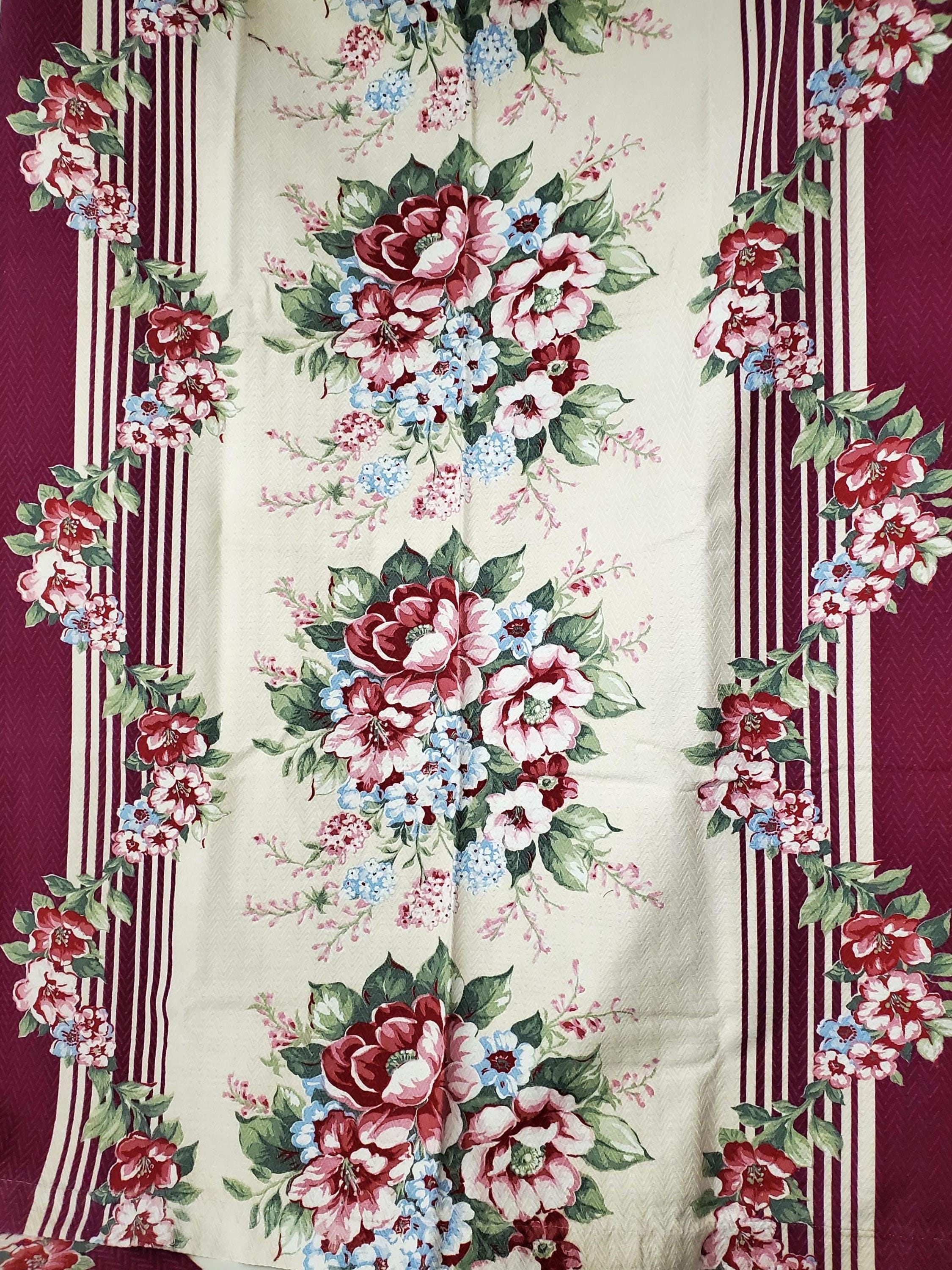 Vintage 1930s Art Deco Claret FLORAL & STRIPE Cotton Drapery Fabric ...