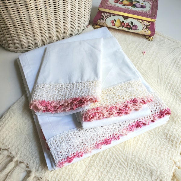 Romantic Vintage White Flat SHEET & Two PILLOWCASE SET with Pink Crochet Lace by Monticello, 100% cotton, 3 piece set