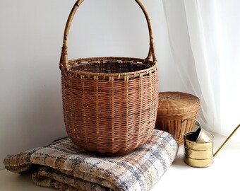 Large Vintage Round Split Bamboo BASKET with handle, dark mahogany stain, plant basket {20"h x 11"w x 11"d}