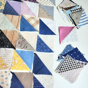 100 Antique Half Square Triangle QUILT BLOCKS, indigo blues, quilting project starter {3 1/2" squares}