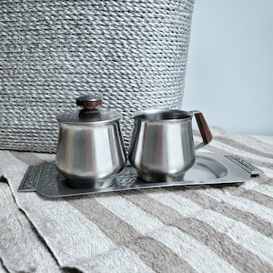 Vintage Mid Century Creamer & Sugar Bowl Set: Stainless Steel with Wood Tray