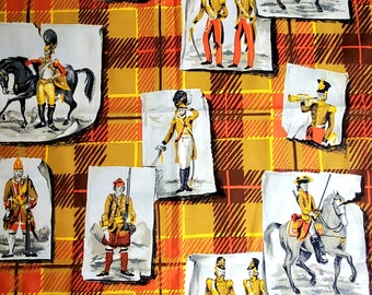 1yd Vintage ORANGE Plaid DRAPERY FABRIC, printed cotton canvas, Scottish military theme, more deadstock yardage available {53" wide}