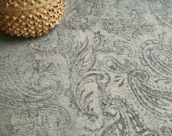DESTASH : Olive Sage Green CHENILLE PAISLEY Upholstery Fabric Remnant {56" wide x 28" long}