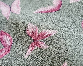 5.25yds Sage Green CREPE Poly Fabric with Mauve Pink Butterfly Print, butterflies, vintage 80s-90s {44"w}