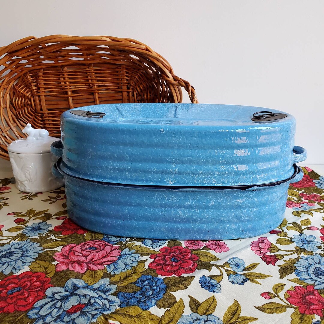 Antique Cornflower Blue Roasting Pan With White Insert Tray, Enamel on