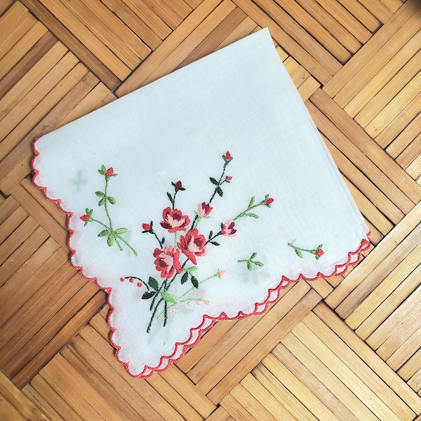 Vintage 1950s White & RED ROSES Hankie with Embroidery on Cotton, bridal bridesmaids gift for her {10" sq}