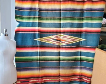 Craft CUTTER:  Very Old Mexican SERAPE SALTILLO Wool & Cotton Blanket Poncho in ombres of indigo, pink, orange, lime, turquoise {66" x 92"}