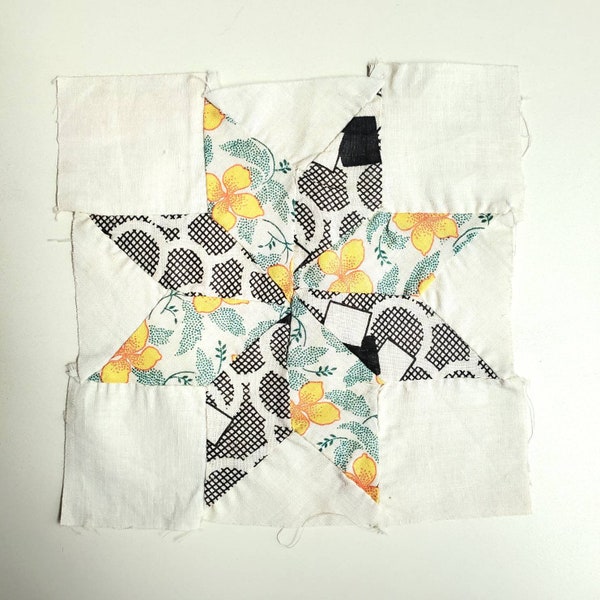 6" Small Lemoyne Star QUILT BLOCK, patchwork for visible mending, sewing crafts, scrapbooking, white yellow green black