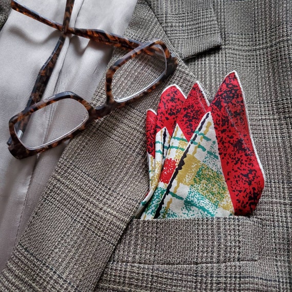 Vintage 1950s RED PLAID Handkerchief or Pocket Sq… - image 1