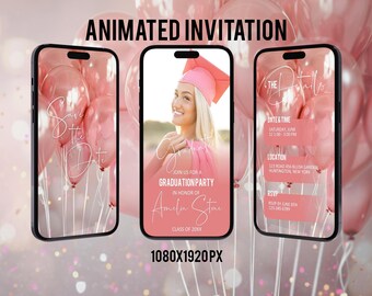 Puede incluir: Invitación digital animada con globos rosas y el texto "Save the Date" a la izquierda, una foto de graduación con el texto "Join us for a Graduation Party in honor of Amelia Stone, Class of 20XX" en el centro, y el texto "The Details" con la fecha, la hora, la ubicación y la información de RSVP a la derecha.