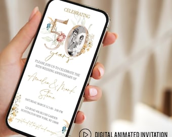 Gold Floral 50th Wedding Anniversary Video Invitation Template, Golden Anniversary Animated Invitation Template, Editable Invite With Photo
