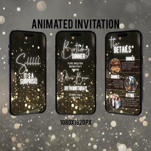 Könnte beinhalten: Drei Smartphones zeigen eine animierte Einladung zu einem Geburtstagsessen. Die Bildschirme zeigen Eventdetails, darunter die Texte "It's a Surprise!", "Birthday Dinner" und "The Details". Der Hintergrund hat einen Bokeh-Effekt.
