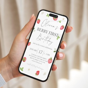 Modern Strawberry Birthday Digital Invitation Template, Mobile First Strawberry Invitation, Strawberry Birthday Evite, Text Invitation