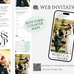 Op de afbeelding: Een webuitnodigingsontwerp met RSVP-formulier, teller en kaarten. Het ontwerp bevat een foto van een stel, de tekst "REBECCA and MARK" en de woorden "YOU'RE CORDIALLY INVITED". De afbeelding bevat ook een QR-code.