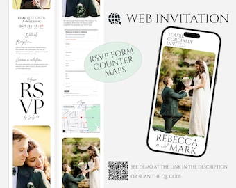Modèle numérique de toile d'annonce de mariage, invitation de site Web, invitation WEB avec compte à rebours intégré, RSVP et carte avec suivi, WEBI