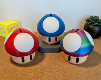 3D printed mushroom piggy bank inspired by Toad from Mario Bros. | Children's gaming decoration | Locally made from recyclable PLA