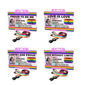 Carte d'identité LGBT+ personnalisée avec support rose et cordon arc-en-ciel - Choisissez parmi Fier d'être moi, Love is Love, LGBTQ+ et Proud