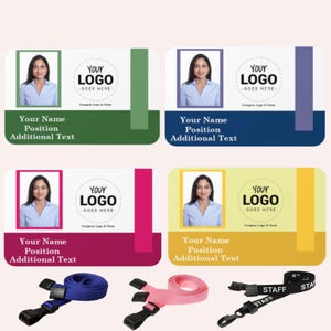 Custom Staff ID Card Photo ID Badge with Holder and Lanyard - Personalised with Name, Photo, Logo, Position - 4 Colours - Employee Badge