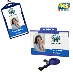 Gepersonaliseerde identiteitskaart met gratis blauw sleutelkoord en houder - aangepaste naam, foto en logo | Staand of liggend ontwerp voor personeel
