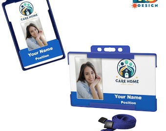 May include: Two blue and white Care Home ID badge holders with a lanyard. Each badge holder has a photo, the Care Home logo, and space for "Your Name" and "Position". The lanyard is blue with a black clasp.
