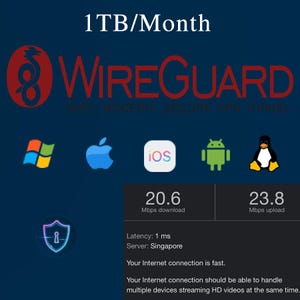 May include: Dark blue graphic with the text "1TB/Month" and "WireGuard" in red. Icons for Windows, Apple, iOS, Android, and Linux are displayed. Download speed is 20.6 Mbps, upload is 23.8 Mbps.