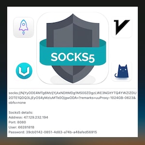Può includere: Grafica digitale con il testo "SOCKS5" su un'icona a scudo, circondata da icone di app. Sotto, vengono visualizzati un URL e dettagli come indirizzo, porta, utente e password.