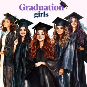8 imágenes PNG de chicas graduadas, ilustraciones de mujeres graduadas, graduadas universitarias, birrete, toga, diploma, flores, archivo transparente