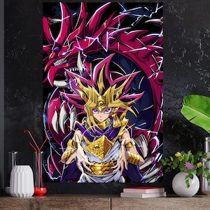 May include: A digital illustration of a character with red and purple hair wearing a gold and purple outfit. The character is standing in front of a red and black dragon with lightning bolts.