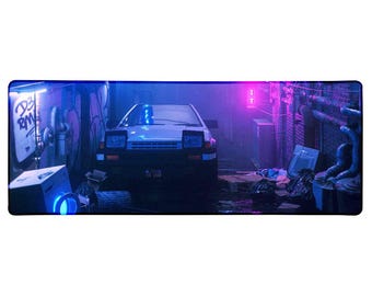 May include: A rectangular mousepad featuring a digital art scene of a white car parked in a neon-lit alleyway. The scene is dominated by blue and purple hues, with graffiti and trash adding to the urban atmosphere. The text "THE CHAIR" is visible.