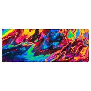 May include: Abstract colorful design with swirling patterns of blue, green, yellow, pink, and red on a black background.