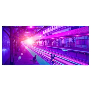 May include: A black cat sits on a platform at a train station. The platform is lit with neon pink and blue lights. The train tracks are in the background with a bright light at the end of the tracks. The sign above the platform reads "Pink Line".