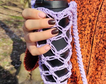 Crochet water bottle holder.Versatile Crochet Wine or Water Bottle Sling with Crossbody Strap.Water bottle purse.Mother's Day gift