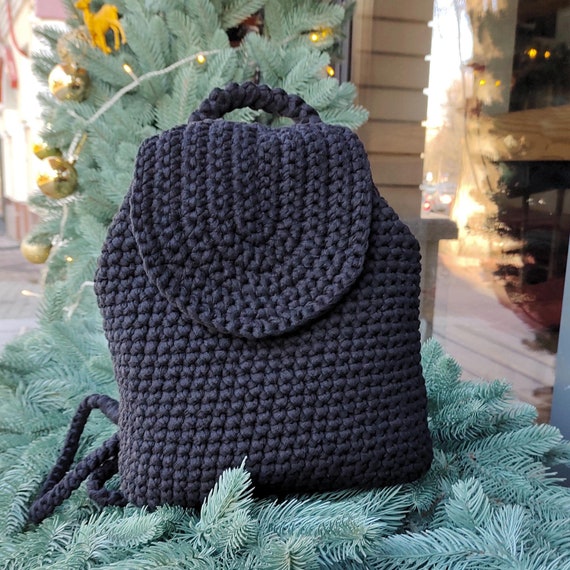 Black Crochet Knit Mini Backpack Boho Textured Adjustable Straps Stylish Black Crocheted Backpack for Girls With Adjustable  main image 3