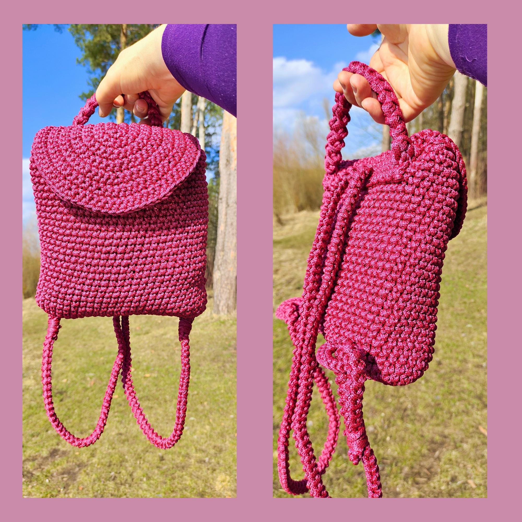 Handmade Mini Bag Crochet Backpack – Pink Small Rucksack 