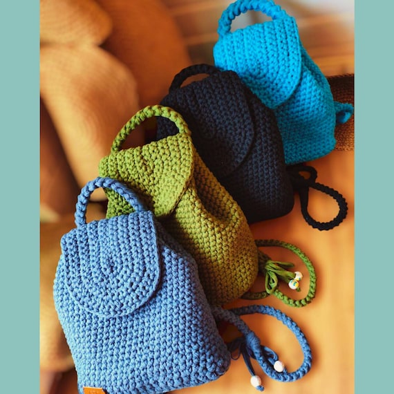 drawstring flap mini backpack Handmade Blue Crochet Backpack - Cotton Ribbon Mini Backpack With Flap