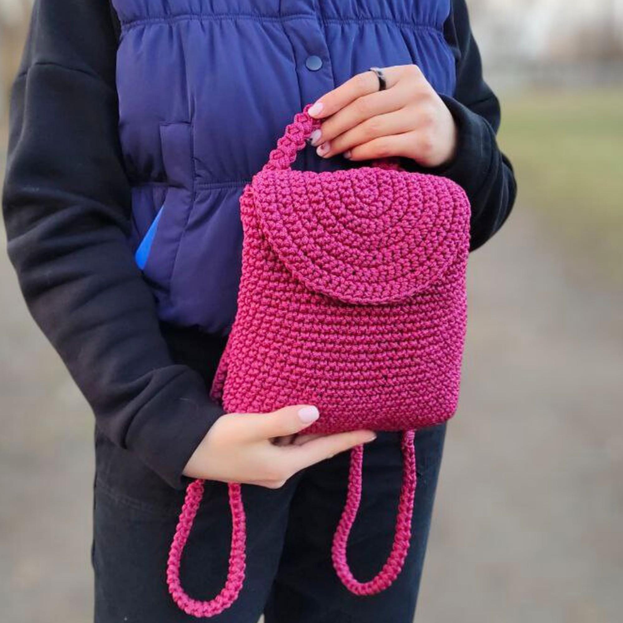 Crochet Handmade Backpack Bag Everyday‎ Summer Casual Women’s Girls Small Handmade Mini Bag Crochet Backpack – Pink Small Rucksack  main image 2