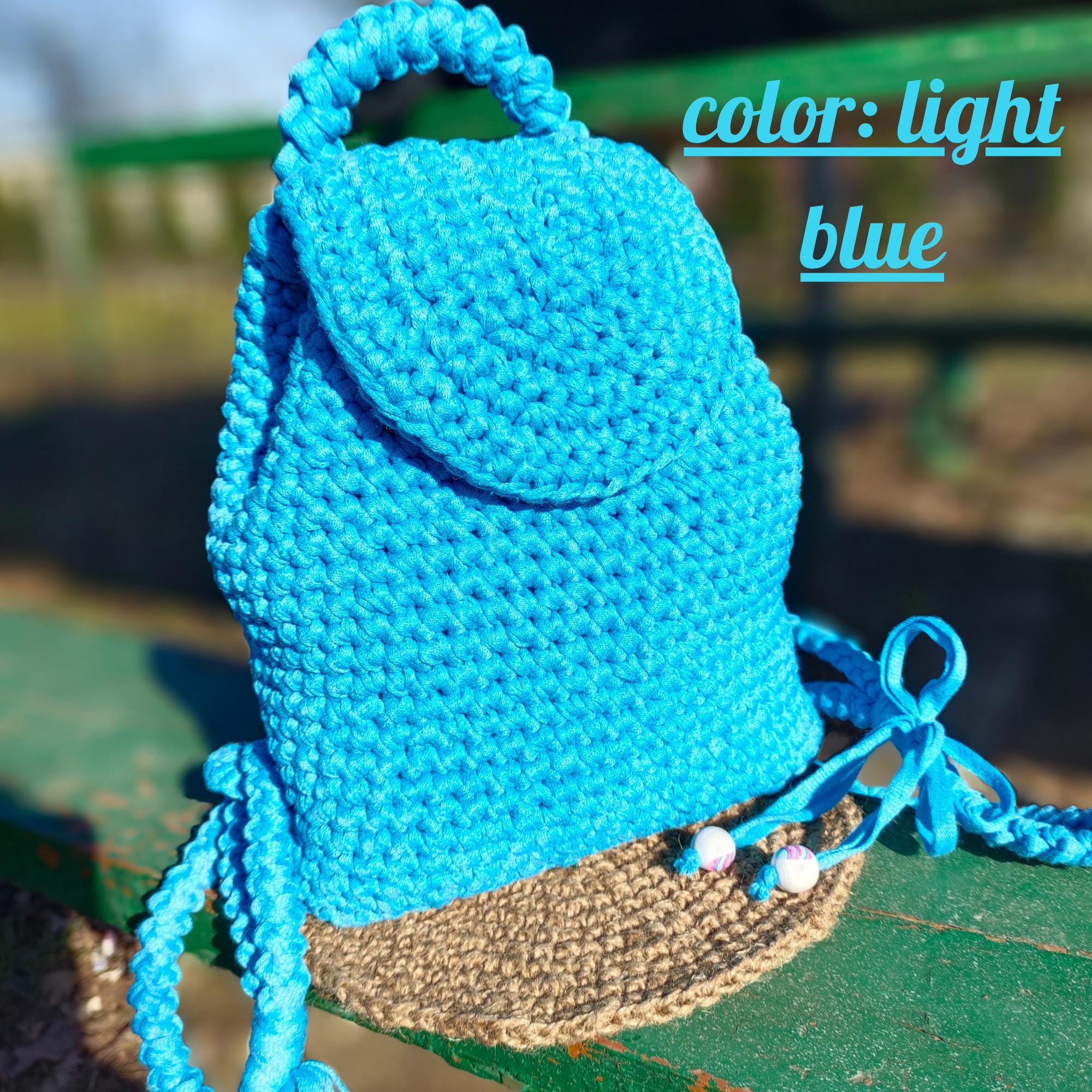 Handmade Blue Crochet Backpack - Cotton Ribbon Mini Backpack  display picture 1