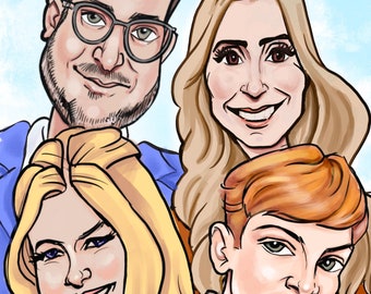 May include: A colorful cartoon illustration of a family of four, with exaggerated features. The artwork includes a man with glasses, a woman with long blonde hair, and two smiling children. The artist's signature and the year 2024 are visible.