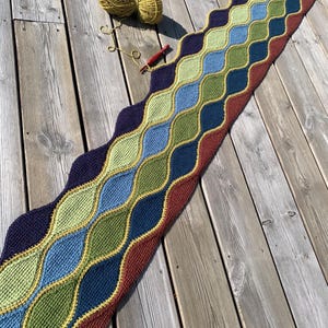 Pode incluir: Um caminho de mesa longo e colorido, feito à mão com um padrão ondulado. O caminho de mesa apresenta secções alternadas de azul, verde e bordô, delineadas com fio dourado. Duas bolas de lã amarela e uma agulha de crochê são visíveis.