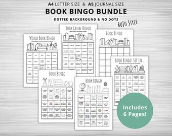 BOEKEN BINGO BUNDEL: 6 afdrukbare dagboekpagina's, leesuitdaging, boekuitdaging, leesdagboek, leesspel, leesplanner, BuJo