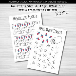 May include: Two printable medication tracker pages in a Bujo style. The first page has a grid with AM, NOON, and PM columns for tracking medication intake. The second page has a jar with pills spilling out.